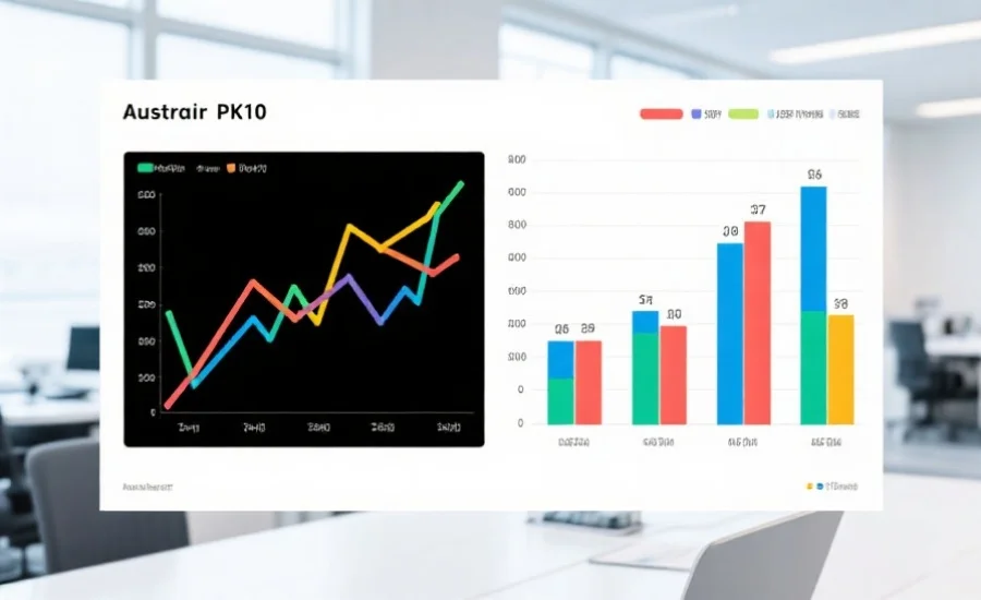 一张彩色折线图与柱状图并列展示，突出显示澳洲PK10各数字走势和频率变化，背景为明亮的办公环境