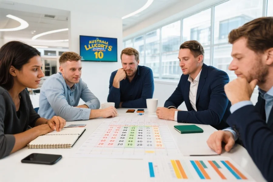 几位玩家围坐在桌前分析澳洲幸运10号码走势图，桌上有笔记本和数据报表，环境明亮现代
