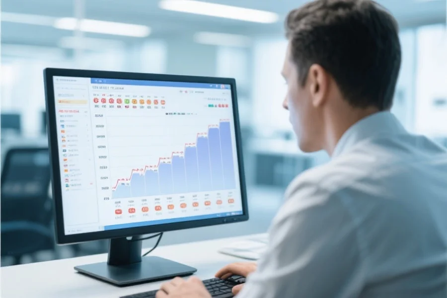 一位分析师正在专注地查看电脑屏幕上的开奖历史趋势图，环境明亮专业