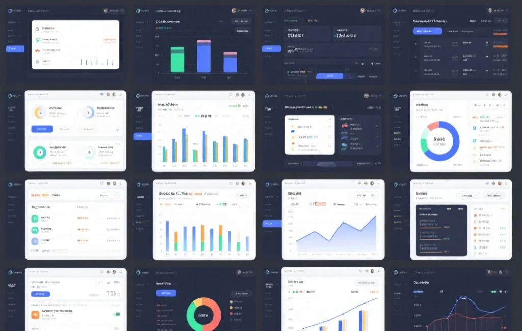 一张展示多种数据分析工具界面截图的拼贴图，每个界面都突出不同功能，如数据可视化、统计分析、历史数据对比